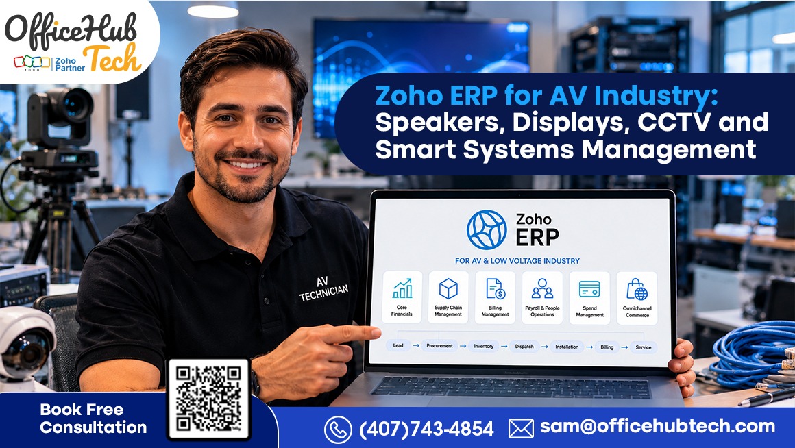 Discover how Zoho ERP helps AV manufacturers, distributors, and retailers streamline inventory, procurement, billing, AMC, warehouse, finance, and operations through one unified platform.