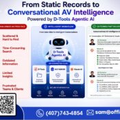 how D-Tools Agentic AI transforms static AV project records into conversational AV intelligence. The image highlights common challenges faced by AV professionals, an AI-powered integration workflow connecting D-Tools, MCP Server, and Claude AI, and a conversational interface that provides instant access to project data, drawings, documents, and insights. OfficeHub Tech branding, QR code, and contact information are included.