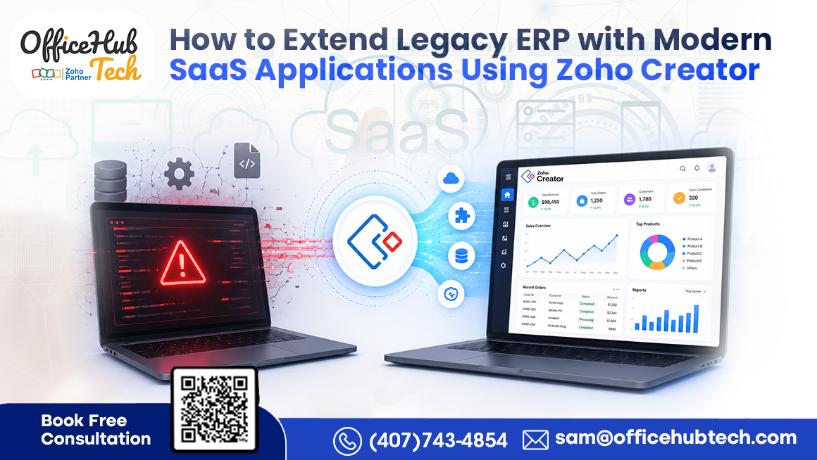 Modernize legacy ERP systems and connect them with cloud-based SaaS applications using Zoho Creator for enhanced business agility, automation, and data accessibility.