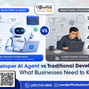 Zoho Developer AI Agent vs Traditional Development comparison showing AI-powered automation benefits, faster software development, reduced costs, and scalable business solutions