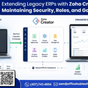 Zoho Creator extending legacy ERP systems with secure integrations, workflow automation, custom business applications, and governance for modern enterprise operations.