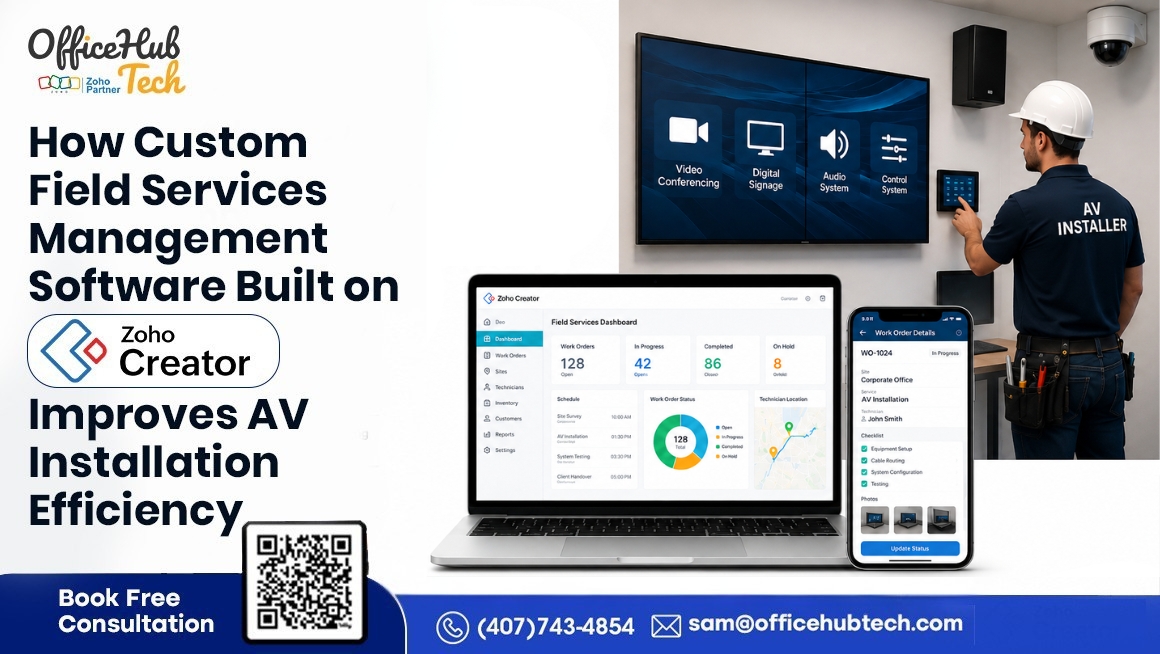 Custom Field Service Management software built on Zoho Creator helping AV System Integrators streamline technician dispatch, work order management, and AV installation workflows.