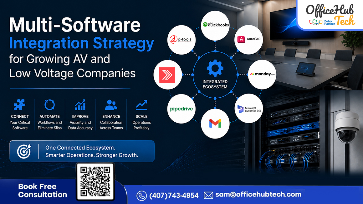 Integrate your business software into one connected ecosystem to automate workflows, eliminate data silos, and improve operational efficiency for AV and Low Voltage companies.