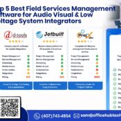 Comparison of the top five Field Service Management software solutions for Audio Visual and Low Voltage System Integrators, highlighting Zoho Creator for project management, work order automation, technician scheduling, and workflow customization.