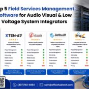 Comparison of the top five Field Service Management software solutions for Audio Visual and Low Voltage System Integrators, highlighting Zoho Creator for project management, work order automation, technician scheduling, and workflow customization.