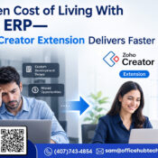 The Hidden Cost of Living With Legacy ERP—How Zoho Creator Extension Delivers Faster ROI. OfficeHub Tech infographic highlighting the hidden costs of legacy ERP systems—such as high maintenance costs and slow processes—and how Zoho Creator Extension delivers faster ROI and business automation.