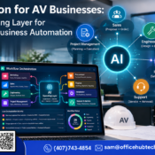 AI operating layer for AV businesses connecting sales, engineering, project management, installation, support, and business workflows.